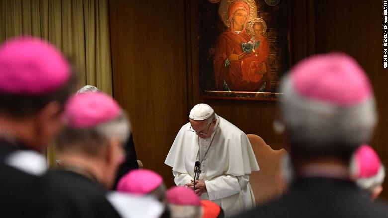 Pope Francis prays during the opening of a global child protection summit for reflections on the sex abuse crisis within the Catholic Church, on February 21, 2019 at the Vatican. - Pope Francis has set aside three and a half days to convince Catholic bishops to tackle paedophilia in a bid to contain a scandal which hit an already beleaguered Church again in 2018, from Chile to Germany and the United States. (Photo by Vincenzo PINTO / POOL / AFP) (Photo credit should read VINCENZO PINTO/AFP/Getty Images)