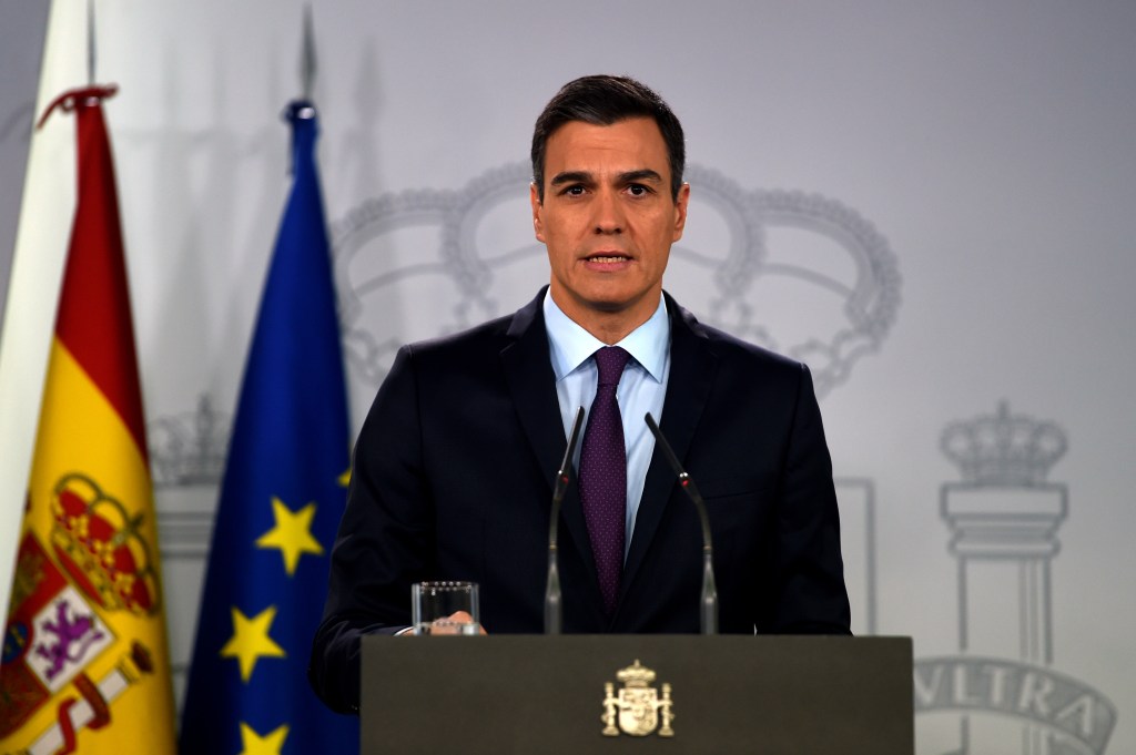 El presidente del gobierno español, Pedro Sánchez, hace una declaración oficial sobre Venezuela en el palacio de La Moncloa en Madrid el 4 de febrero de 2019. Crédito: PIERRE-PHILIPPE MARCOU / AFP / Getty Images.
