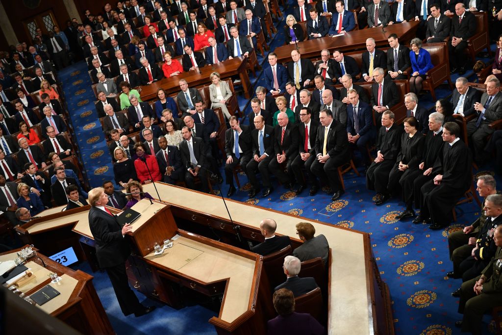 US President Donald Trump faces lawmakers from both political parties as he delivers his second State of the Union address at the US Capitol in Washington, DC, on February 5, 2019. (Photo by MANDEL NGAN / AFP) (Photo credit should read MANDEL NGAN/AFP/Getty Images)