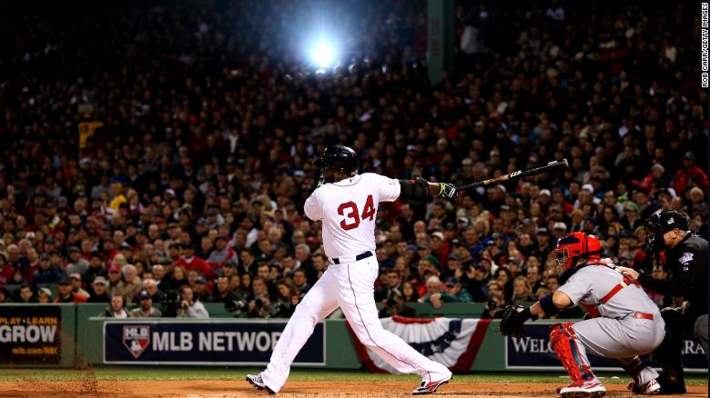 BOSTON, MA - OCTOBER 23: David Ortiz #34 of the Boston Red Sox bats against the St. Louis Cardinals in the first inning of Game One of the 2013 World Series at Fenway Park on October 23, 2013 in Boston, Massachusetts. (Photo by Rob Carr/Getty Images)
