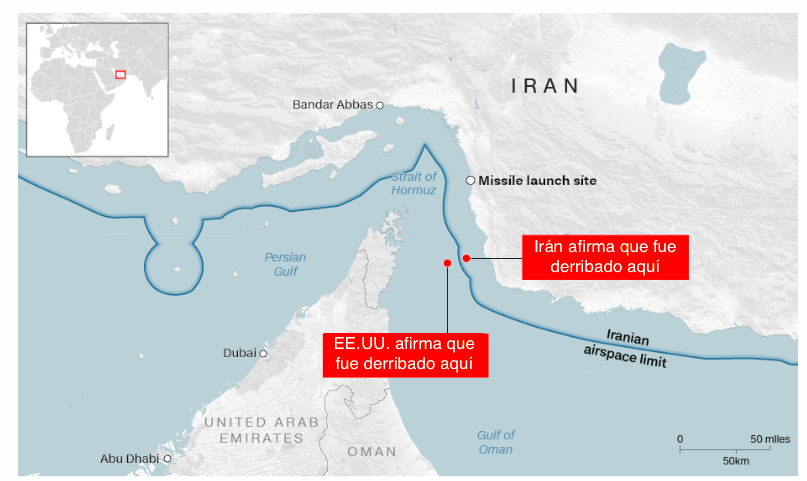 Mapa derribo dron EE.UU. Irán