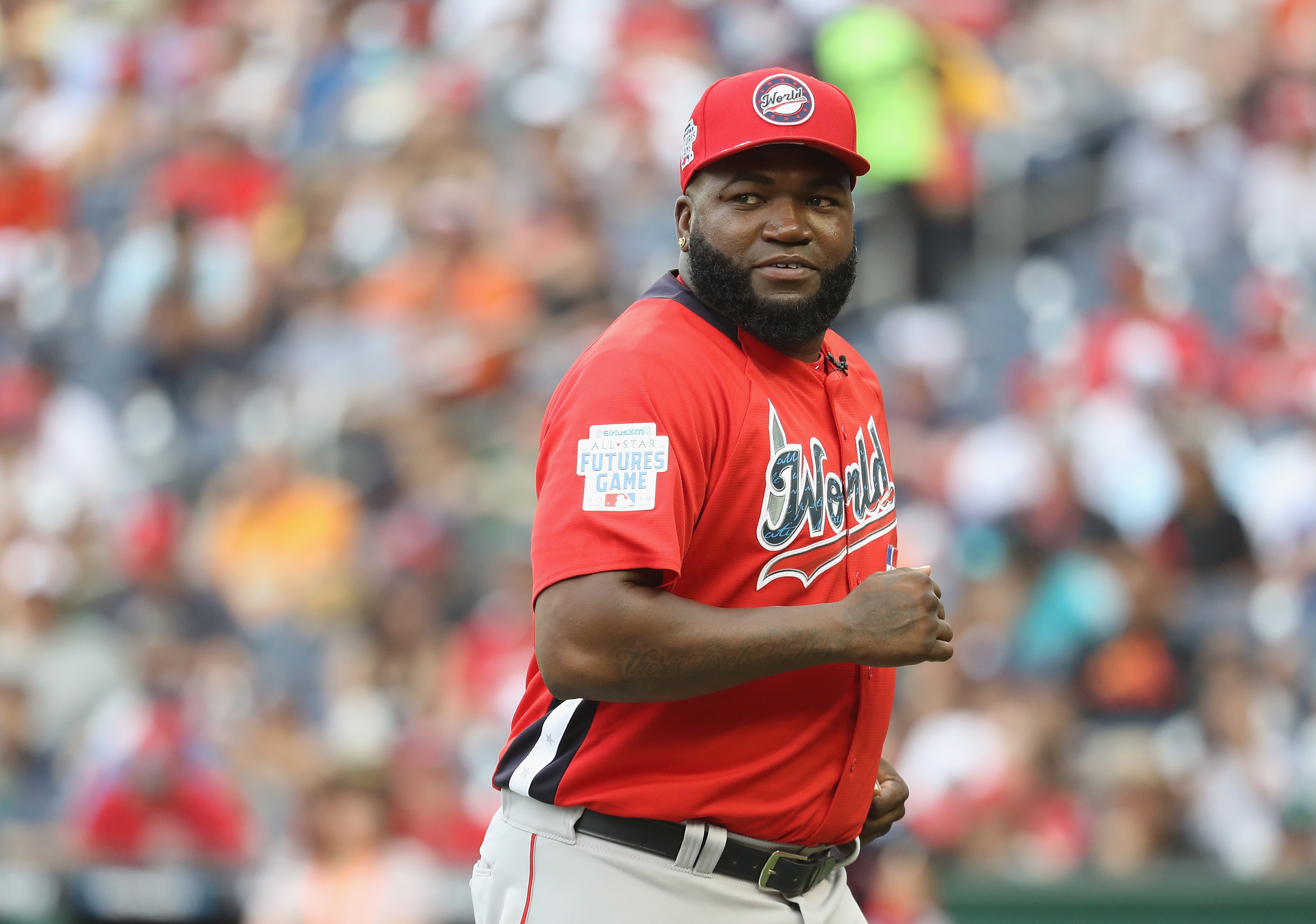 WASHINGTON, DC - JULY 15: Manager David Ortiz of the World Team looks on against the U.S. Team during the SiriusXM All-Star Futures Game at Nationals Park on July 15, 2018 in Washington, DC. (Photo by Rob Carr/Getty Images)