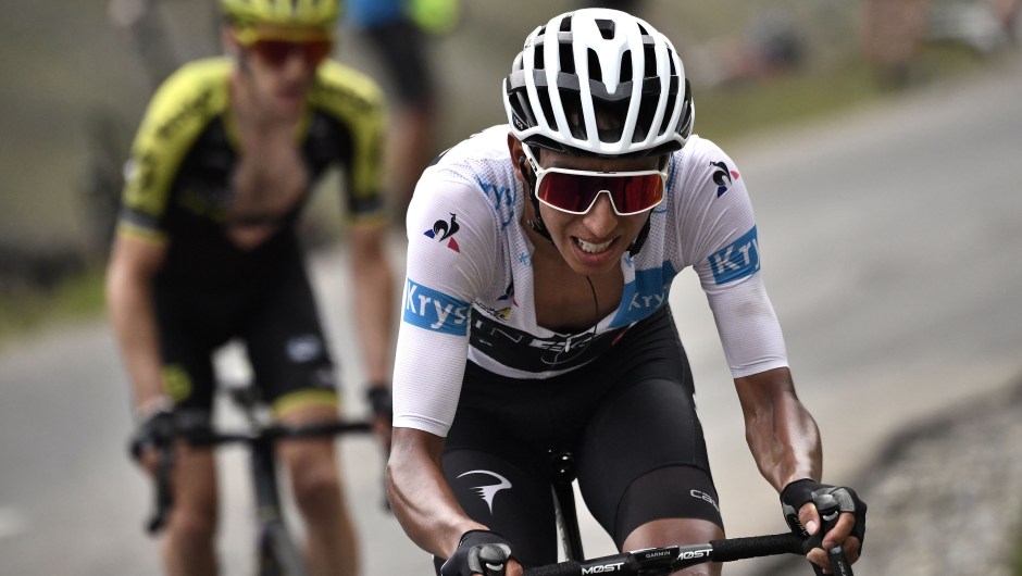 Colombia's Egan Bernal (R), wearing the best young's white jersey launches an attack followed by Great Britain's Simon Yates in a breakaway during the nineteenth stage of the 106th edition of the Tour de France cycling race between Saint-Jean-de-Maurienne and Tignes, in Tignes, on July 26, 2019. (Photo by Marco Bertorello / AFP) (Photo credit should read MARCO BERTORELLO/AFP/Getty Images)