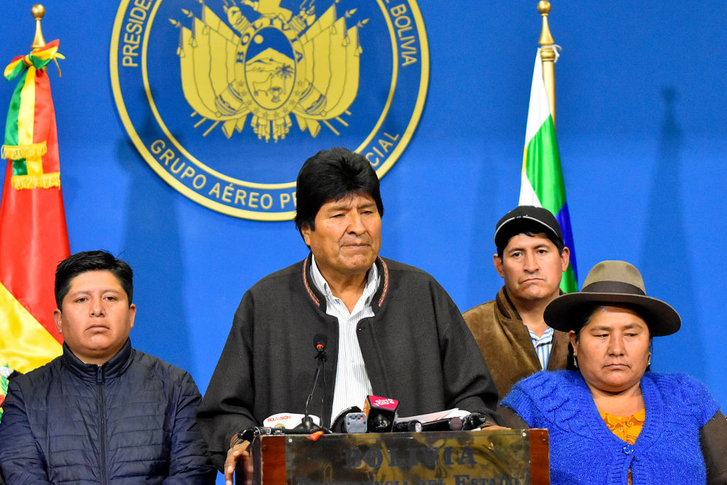 LA PAZ, BOLIVIA - NOVEMBER 10: President of Bolivia Evo Morales Ayma talks during a morning press conference when he announced he was going to call for fresh elections after OAS questioned the results of elections held on October 20th on November 10, 2019 in La Paz, Bolivia. Later today, Morales announced his resignation in Chimore, Cochabamba. (Photo by Alexis Demarco/APG/Getty Images)