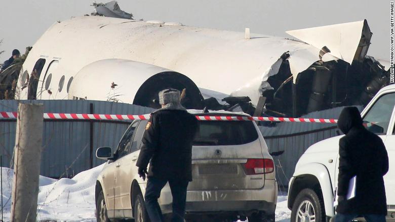 A view of the site of a passenger plane crash outside Almaty on December 27, 2019. - At least 15 people died on December 27, 2019 and dozens were reported injured when a passenger plane carrying 100 people crashed into a house shortly after takeoff from Kazakhstan's largest city. (Photo by Ruslan PRYANIKOV / AFP) (Photo by RUSLAN PRYANIKOV/AFP via Getty Images)
