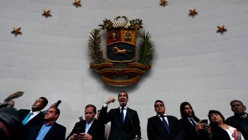 Venezuelan opposition leader and self-proclaimed acting president Juan Guaido speaks at the National Assembly, in Caracas, on January 7, 2020. - Opposition leader Juan Guaido and a rival lawmaker, Luis Parra -who both had claimed to be Venezuela's parliament speaker, following two separate votes and accusations of a "parliamentary coup- called for a parliamentary session today. (Photo by Federico Parra / AFP) (Photo by FEDERICO PARRA/AFP via Getty Images)